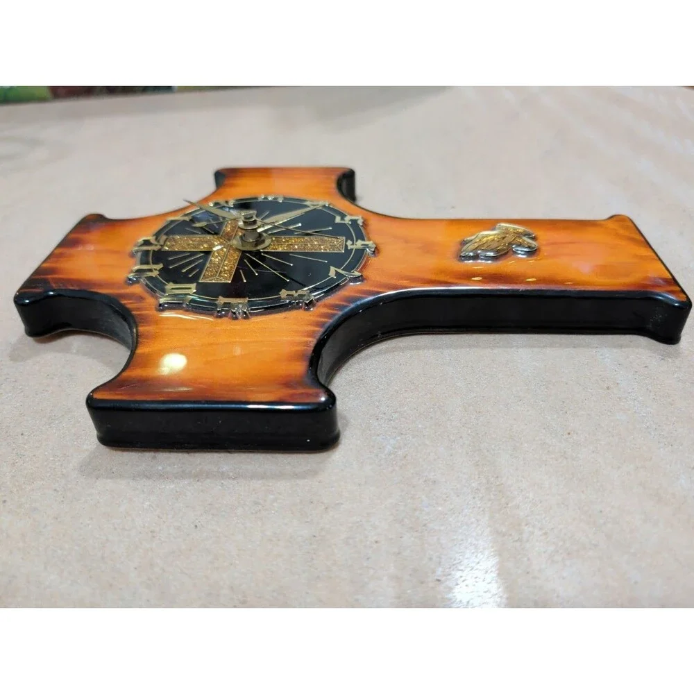 Vintage Religious Wood Cross Wall Clock Praying Hands Lacquered Plaque Works